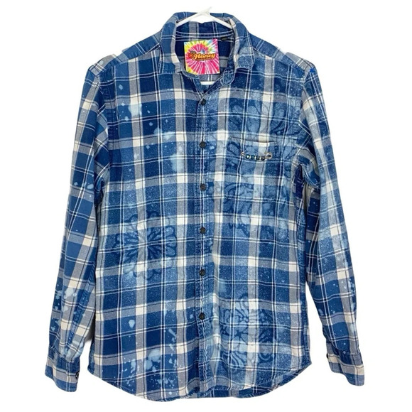 Handmade Boho Flannel Shirt Womens Small Denim Chambray Stencil Bleached Plaid - Picture 1 of 10